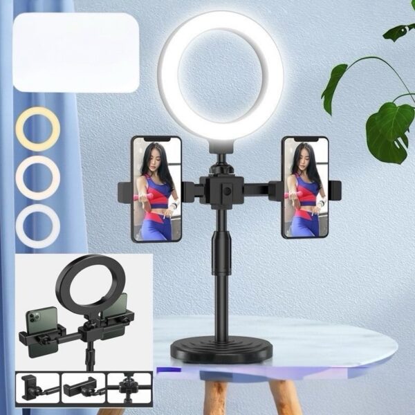 Trépied LED avec Anneau Lumineux et Double Support Téléphone – Spécial Créateurs de Contenu